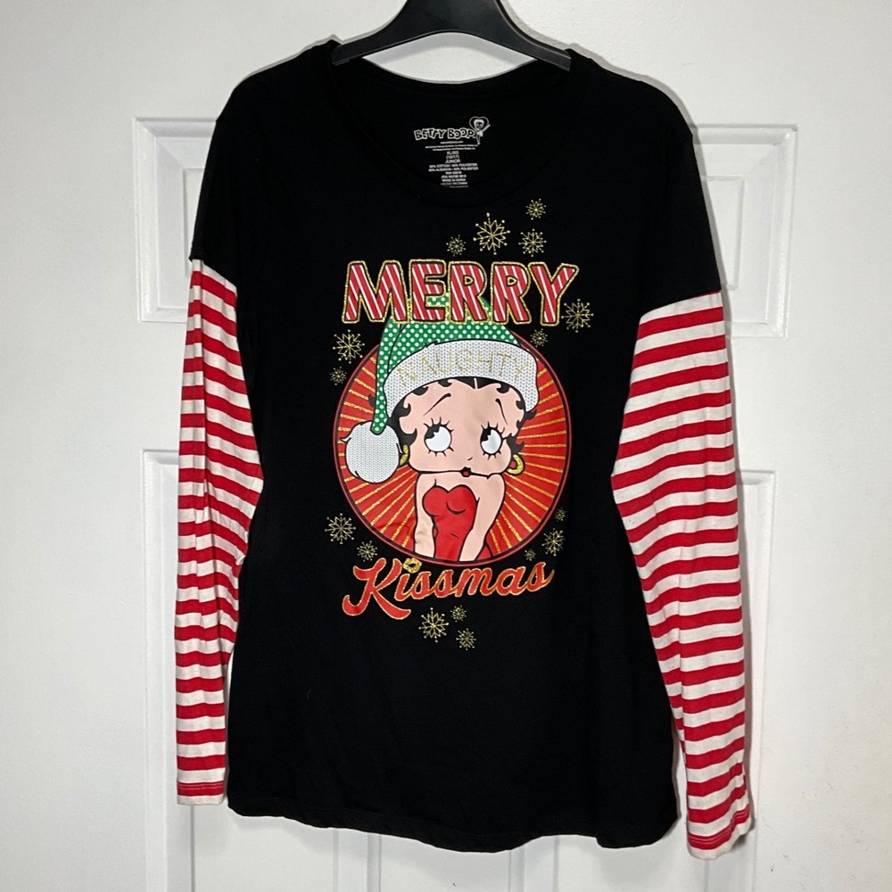 Betty Boop Merry Kissmas Long Sleeve Graphic Tee Black Red Striped XL Junior